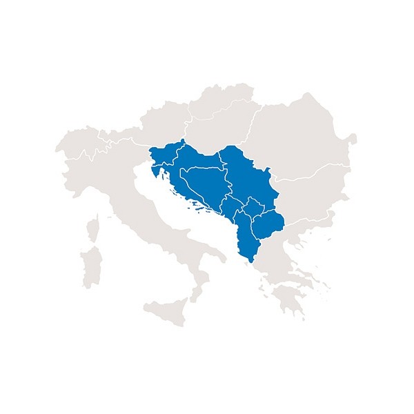 Topografska pokritost Slovenije, Hrvaške, Bosne in Hercegovine, Srbije, Kosova, Črne gore, Makedonije in Albanije.