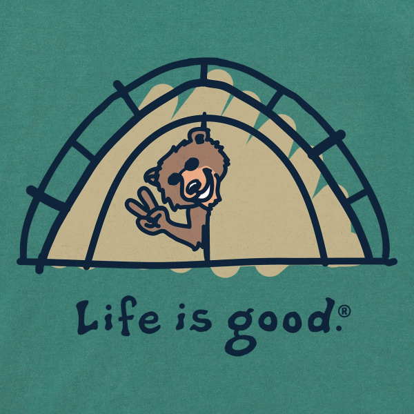 Moška zelena kratka majica Life is Good z motivom Bear Tent